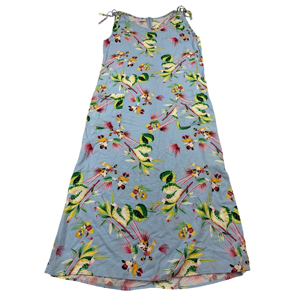 Disney Vintage Minnie Mouse Tropical Hawaiian Maxi Dress Blue Rayon Med